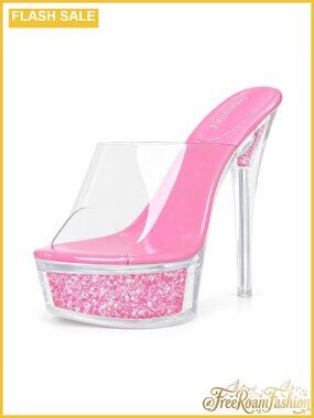 Clear Glitter Platform Heeled Sandals Peep Toe Stiletto Slip On